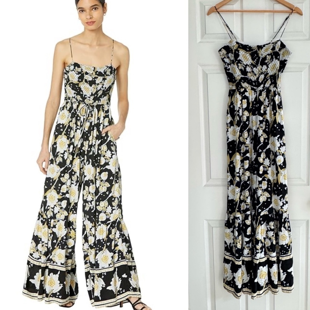 Free People Jumpsuit Little Of Your Love Floral Wide Leg Spaghetti Strap Smocked